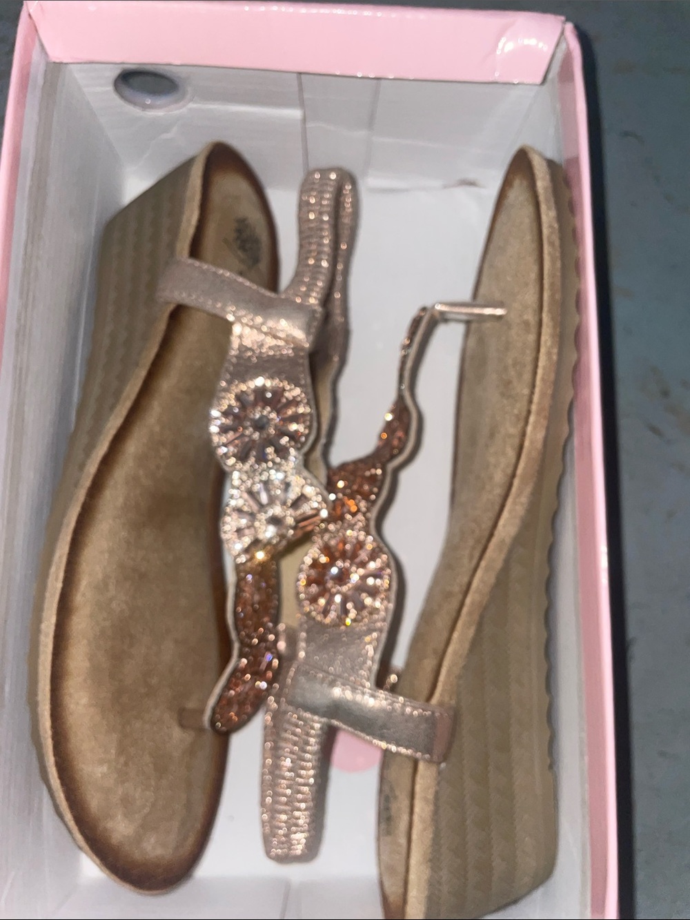 Women's Metallic Rose Gold Jeweled T-Strap Wedge Sandals